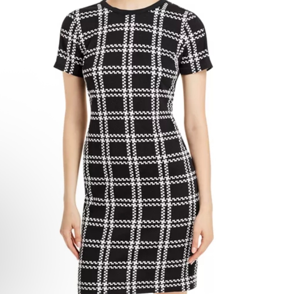 Karl Lagerfeld Paris Plaid Sheath Dress Black White Size 8